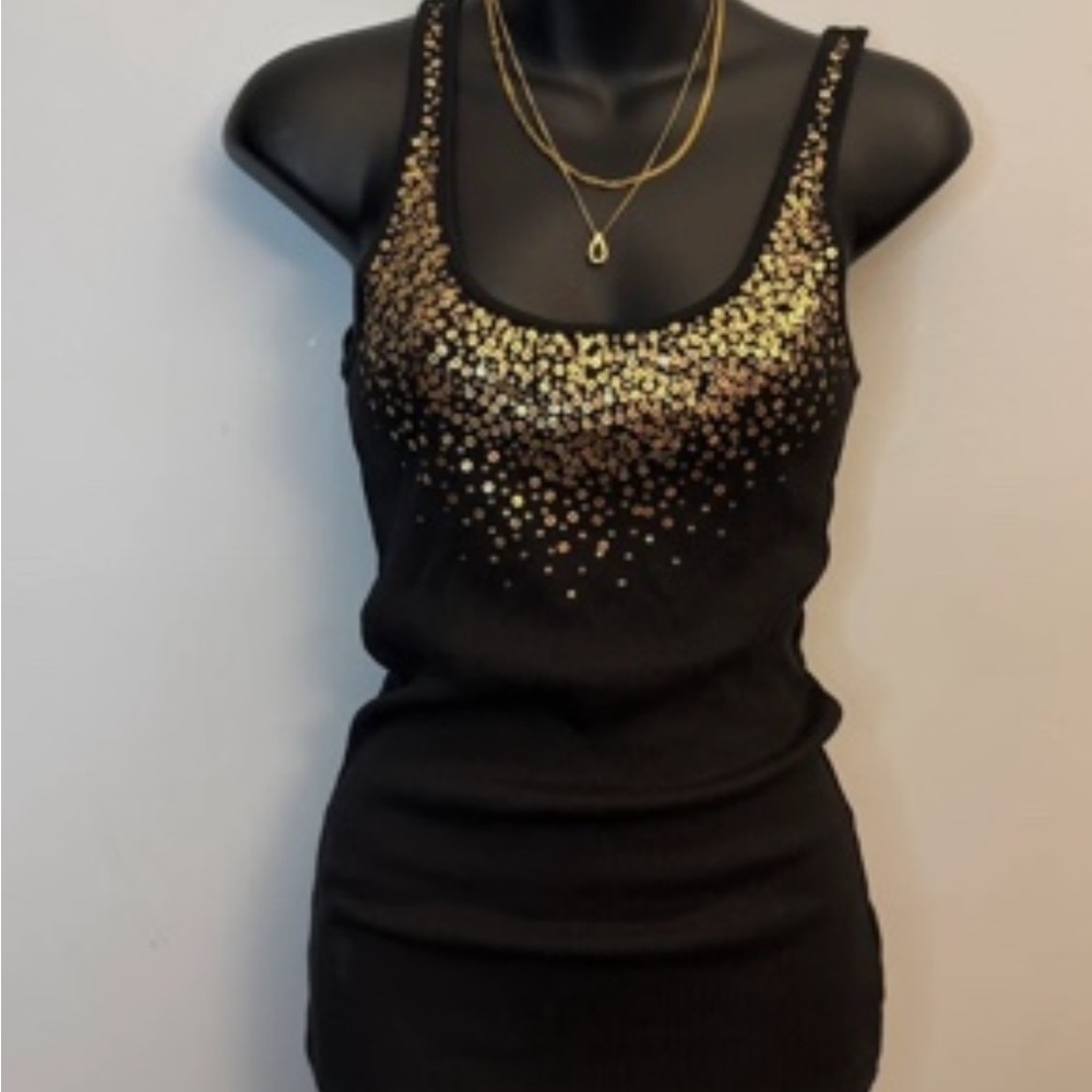 Women’s Black Tank Top with Gold Sequin Detail - Picture 4 of 4